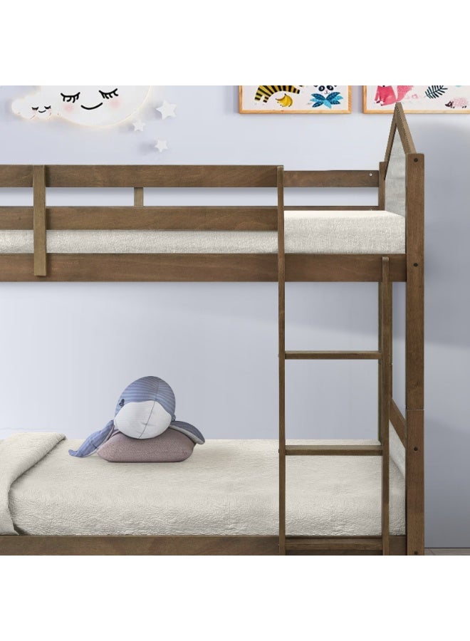 اي اف تي سرير بطابقين قابل للفصل مصنوع من الخشب الصلب، بإطار على طراز المنزل، بلون بني طبيعي من خشب البلوط مع مزيج من اللونين البني والأبيض، سرير قابل للتحويل من سرير مفرد فوق سرير مفرد للأطفال وكبار السن والضيوف - Image 5